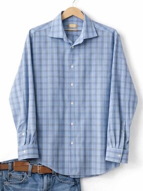 Michael Kors Blue Plaid Button Down Shirt Mens Large 16.5 32/33 Regular Fit